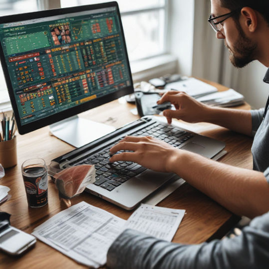 A person sits at a desk with a laptop, researching sports betting odds and browsing online slots.
