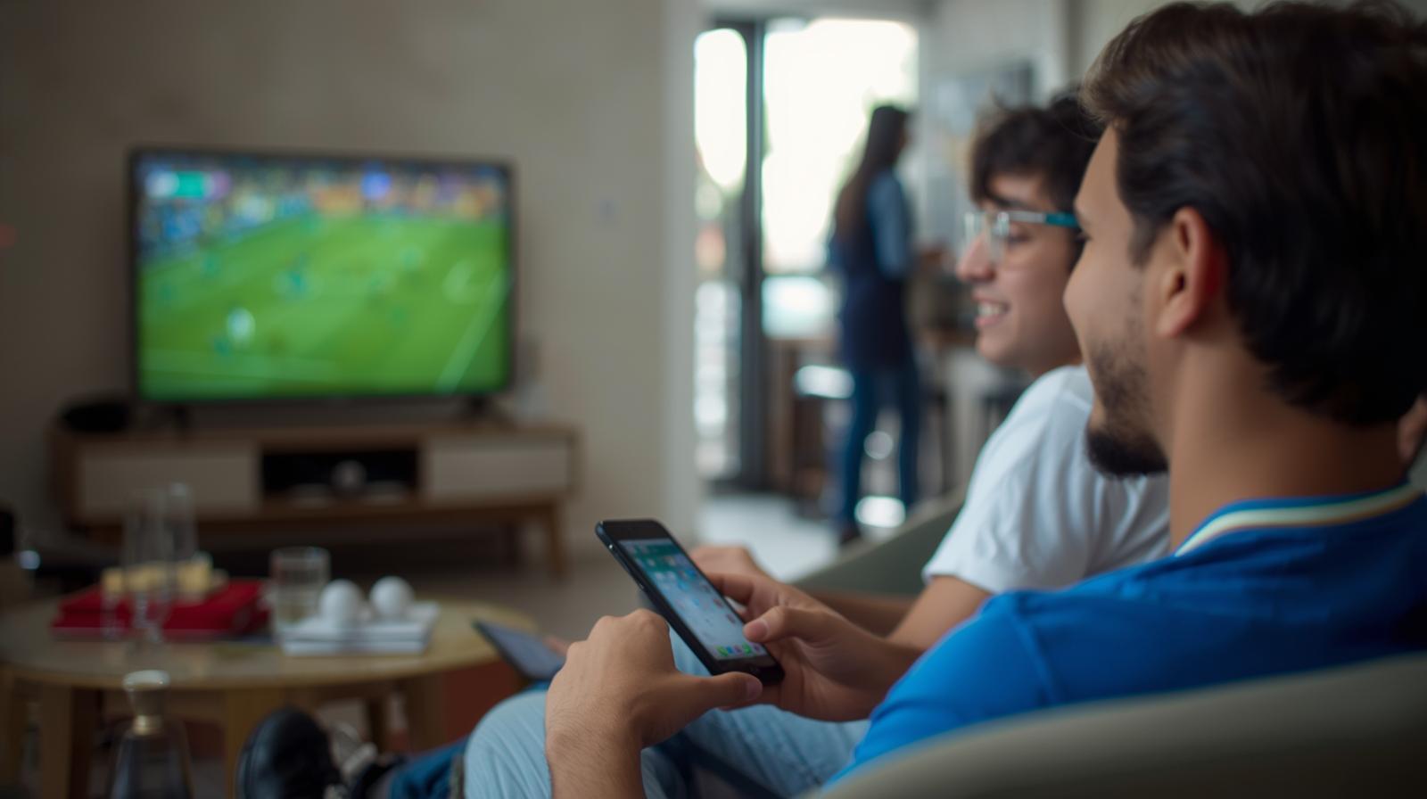 Brazilian sports fans enjoying football while casually engaging with mobile betting technology.