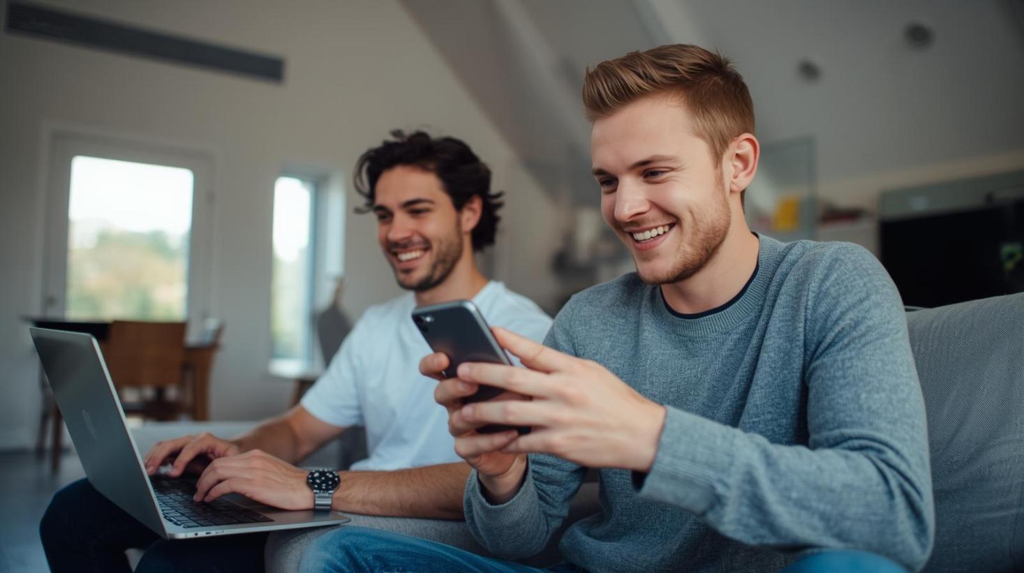 Two people happily engaging with sports betting online inside a bright home.