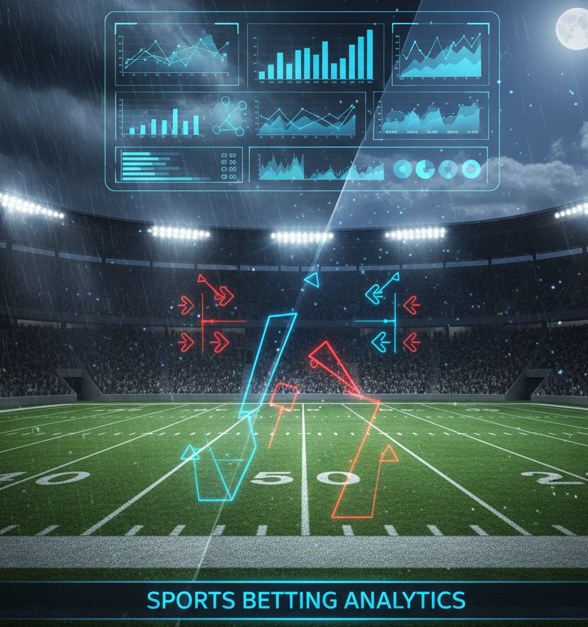 A dynamic sports analysis scene showing a stadium under changing weather conditions, data charts overlaying players, strategic diagrams highlighting matchups, modern sports betting aesthetic.