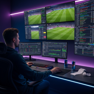 A sports bettor watching a live football match on multiple screens, real-time odds changing rapidly, digital dashboards with stats, intense atmosphere, neon lighting, modern sports betting setup.