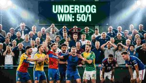 An intense sports scene showing a lesser-known team scoring against a favorite, shocked crowd, betting odds displayed on screen